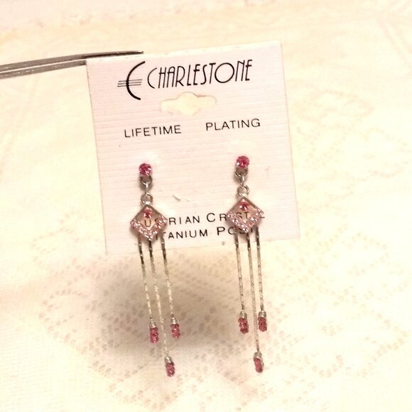 NEW Silver Plated Pink Crystal Long Drop Dangle Earrings Jewelry Gifts - Picture 3 of 7